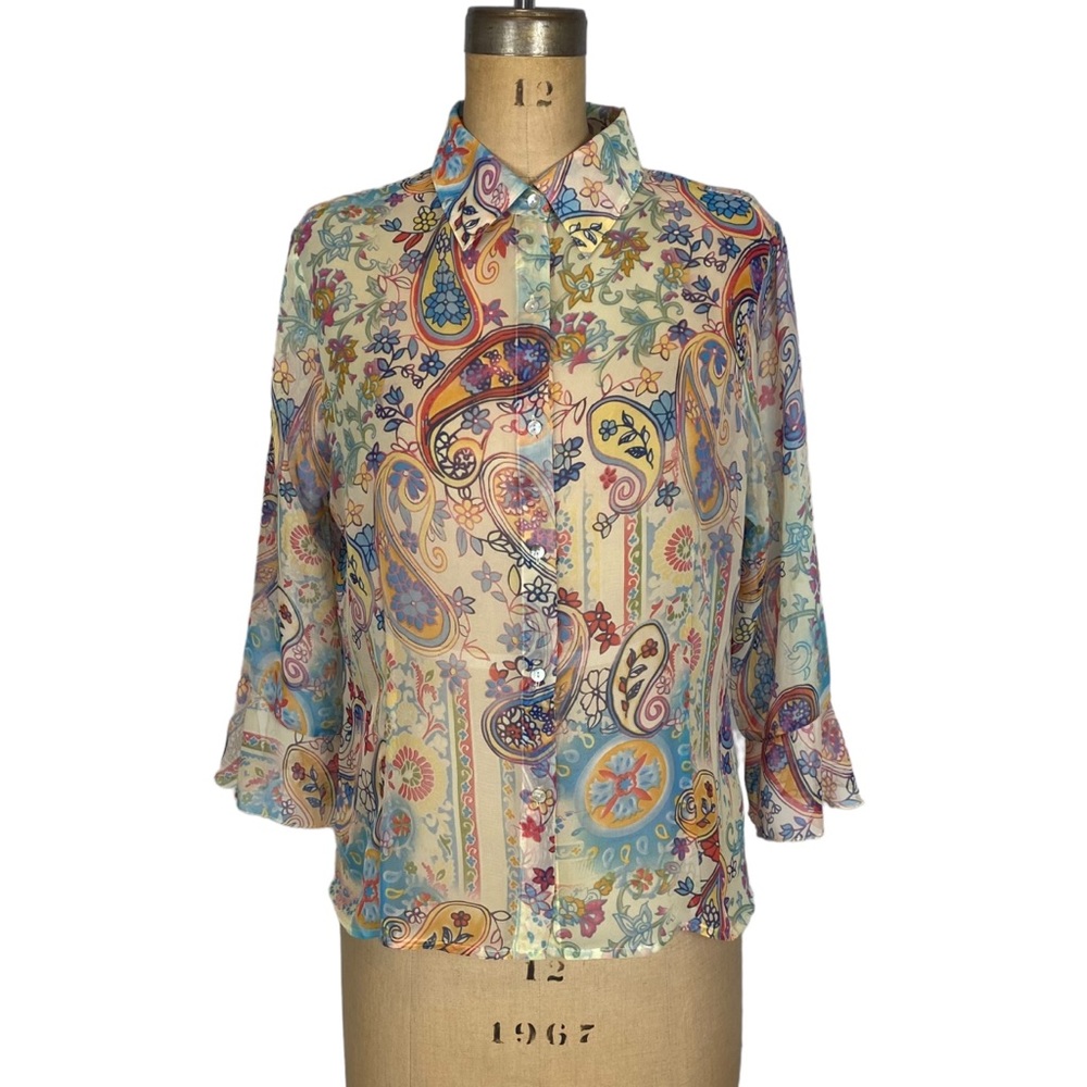 3/$30 Nicola Y2K Colourful Paisley Print Sheer Button up Shirt Size M